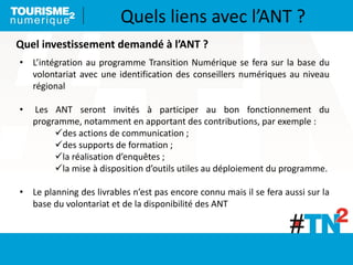 Quel investissement demandé à l’ANT ?
• L’intégration au programme Transition Numérique se fera sur la base du
volontariat avec une identification des conseillers numériques au niveau
régional
• Les ANT seront invités à participer au bon fonctionnement du
programme, notamment en apportant des contributions, par exemple :
des actions de communication ;
des supports de formation ;
la réalisation d’enquêtes ;
la mise à disposition d’outils utiles au déploiement du programme.
• Le planning des livrables n’est pas encore connu mais il se fera aussi sur la
base du volontariat et de la disponibilité des ANT
Quels liens avec l’ANT ?
 