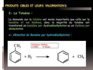 2- Le Toluène :
La demande sur le toluène est moins importante que celle sur le
benzène et les Xylènes, donc la majorité du toluène est
transformé en benzène par hydrodésalkylation ou en Xylènes par
dismutation.

a- Obtention du Benzène par hydrodésalkylation :

Catalyseur : Ni/Al2O3
T=700°C
P= 40 atm

 
