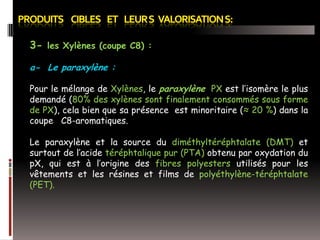 3- les Xylènes (coupe C8) :
a- Le paraxylène :
Pour le mélange de Xylènes, le paraxylène PX est l’isomère le plus
demandé (80% des xylènes sont finalement consommés sous forme
de PX), cela bien que sa présence est minoritaire (≈ 20 %) dans la
coupe C8-aromatiques.
Le paraxylène et la source du diméthyltéréphtalate (DMT) et
surtout de l’acide téréphtalique pur (PTA) obtenu par oxydation du
pX, qui est à l’origine des fibres polyesters utilisés pour les
vêtements et les résines et films de polyéthylène-téréphtalate
(PET).

 