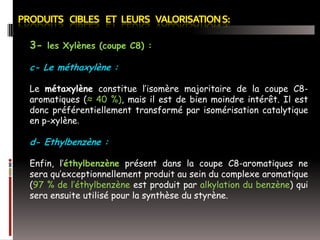 3- les Xylènes (coupe C8) :
c- Le méthaxylène :
Le métaxylène constitue l’isomère majoritaire de la coupe C8aromatiques (≈ 40 %), mais il est de bien moindre intérêt. Il est
donc préférentiellement transformé par isomérisation catalytique
en p-xylène.

d- Ethylbenzène :
Enfin, l’éthylbenzène présent dans la coupe C8-aromatiques ne
sera qu’exceptionnellement produit au sein du complexe aromatique
(97 % de l’éthylbenzène est produit par alkylation du benzène) qui
sera ensuite utilisé pour la synthèse du styrène.

 