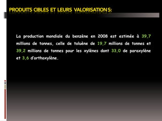 La production mondiale du benzène en 2008 est estimée à 39,7
millions de tonnes, celle de toluène de 19,7 millions de tonnes et
39,2 millions de tonnes pour les xylènes dont 33,0 de paraxylène
et 3,6 d’orthoxylène.

 