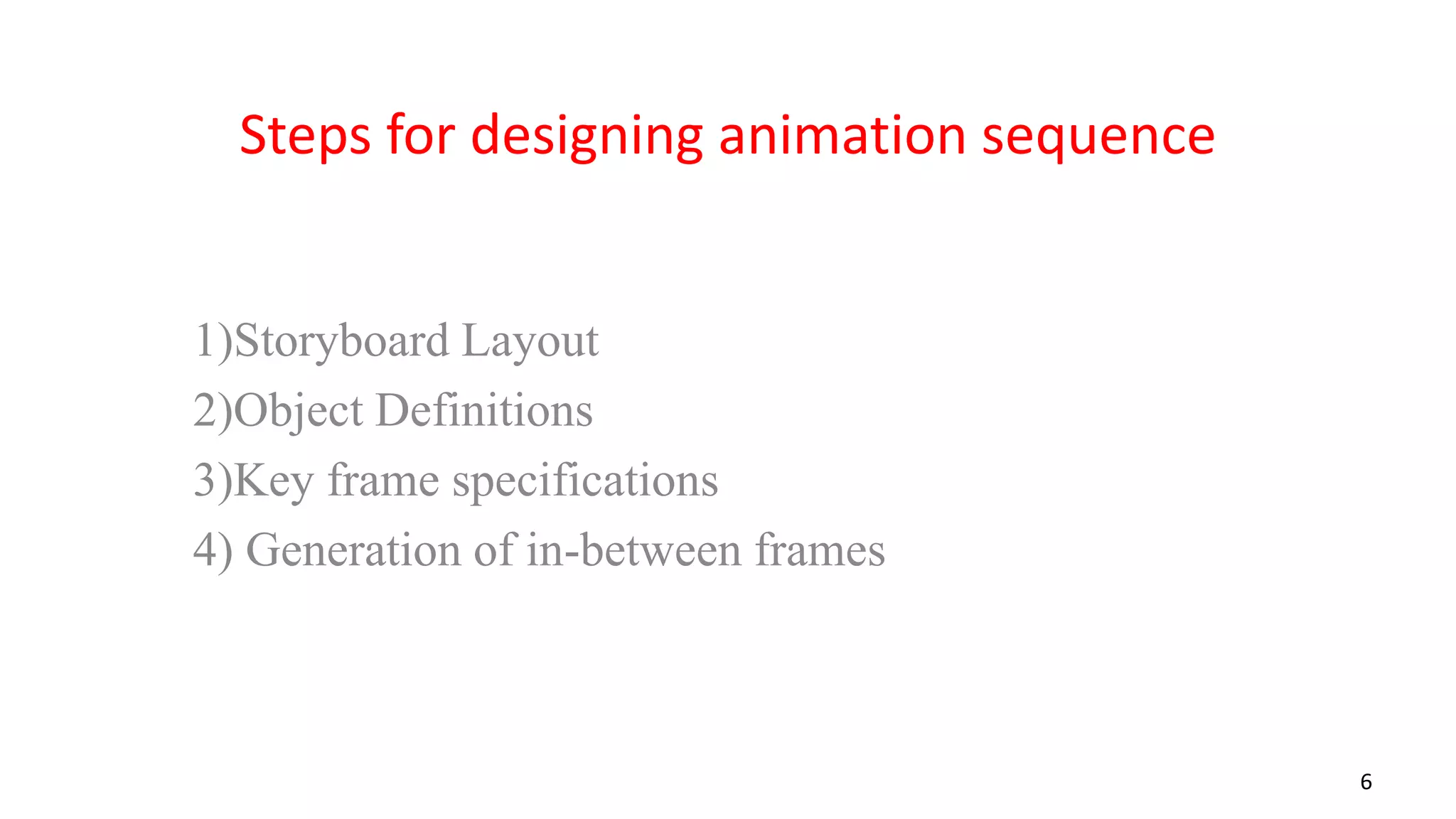 Steps for designing animation sequence
1)Storyboard Layout
2)Object Definitions
3)Key frame specifications
4) Generation of in-between frames
6
 