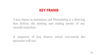 KEY FRAME
A key frame in animation and filmmaking is a drawing
that defines the starting and ending points of any
smooth transition.
A sequence of key frames which movement the
spectator will see.
13
 