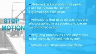 ➜ Referred as Claymation, Puppets,
Cut-Out, Silhouette, Action
Figures/Lego, Pixelation.
➜Animations that uses objects that are
photographed in a sequence to create
an animated action.
➜Very long process, as each object has
to be carefully moved inch by inch.
➜ Softwares used: - Dragonframe, iStop Motion…
 