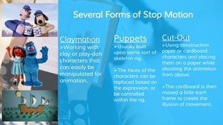 Claymation
Working with
clay or play-doh
characters that
can easily be
manipulated for
animation.
Puppets
Usually built
upon some sort of
skeleton rig.
The faces of the
characters can be
replaced based on
the expression, or
be controlled
within the rig.
Cut-Out
Using construction
paper or cardboard
characters and placing
them on a paper while
shooting the animation
from above.
The cardboard is then
moved a little each
frame to create the
illusion of movement.
Several Forms of Stop Motion
 