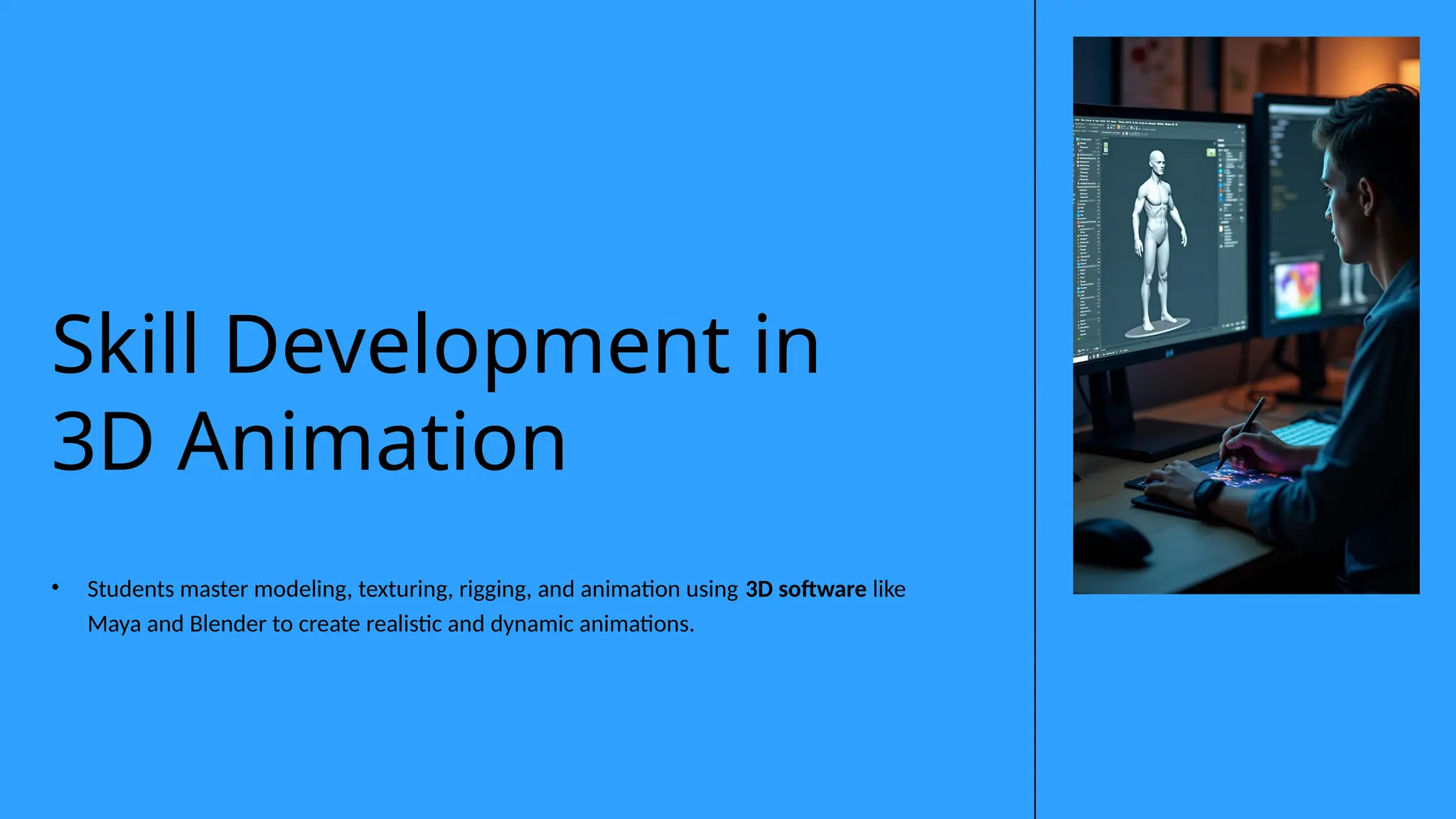 • Students master modeling, texturing, rigging, and animation using 3D software like
Maya and Blender to create realistic and dynamic animations.
Skill Development in
3D Animation
 
