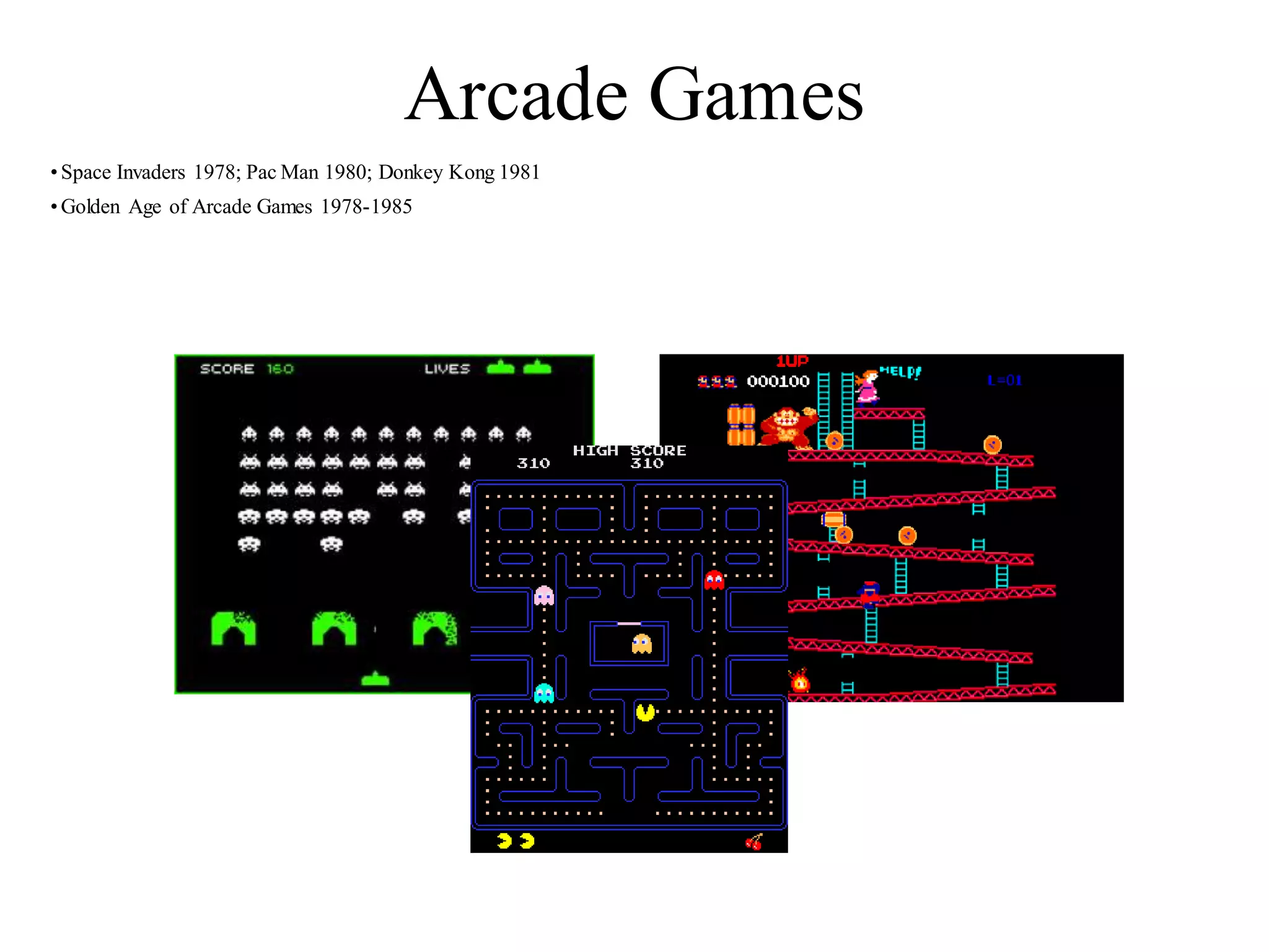 Arcade Games
•Space Invaders 1978; Pac Man 1980; Donkey Kong 1981
•Golden Age of Arcade Games 1978-1985
 