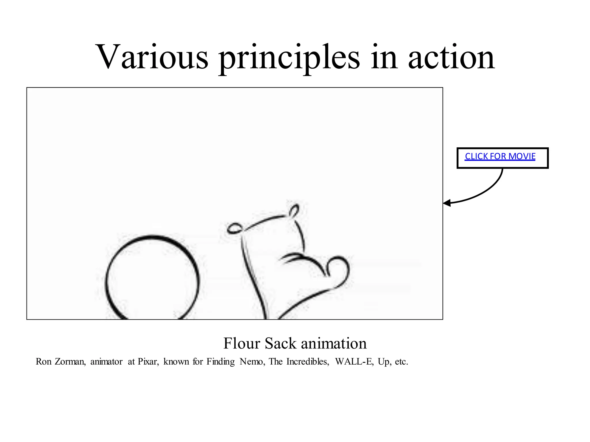 Various principles in action
Flour Sack animation
Ron Zorman, animator at Pixar, known for Finding Nemo, The Incredibles, WALL-E, Up, etc.
CLICK FOR MOVIE
 