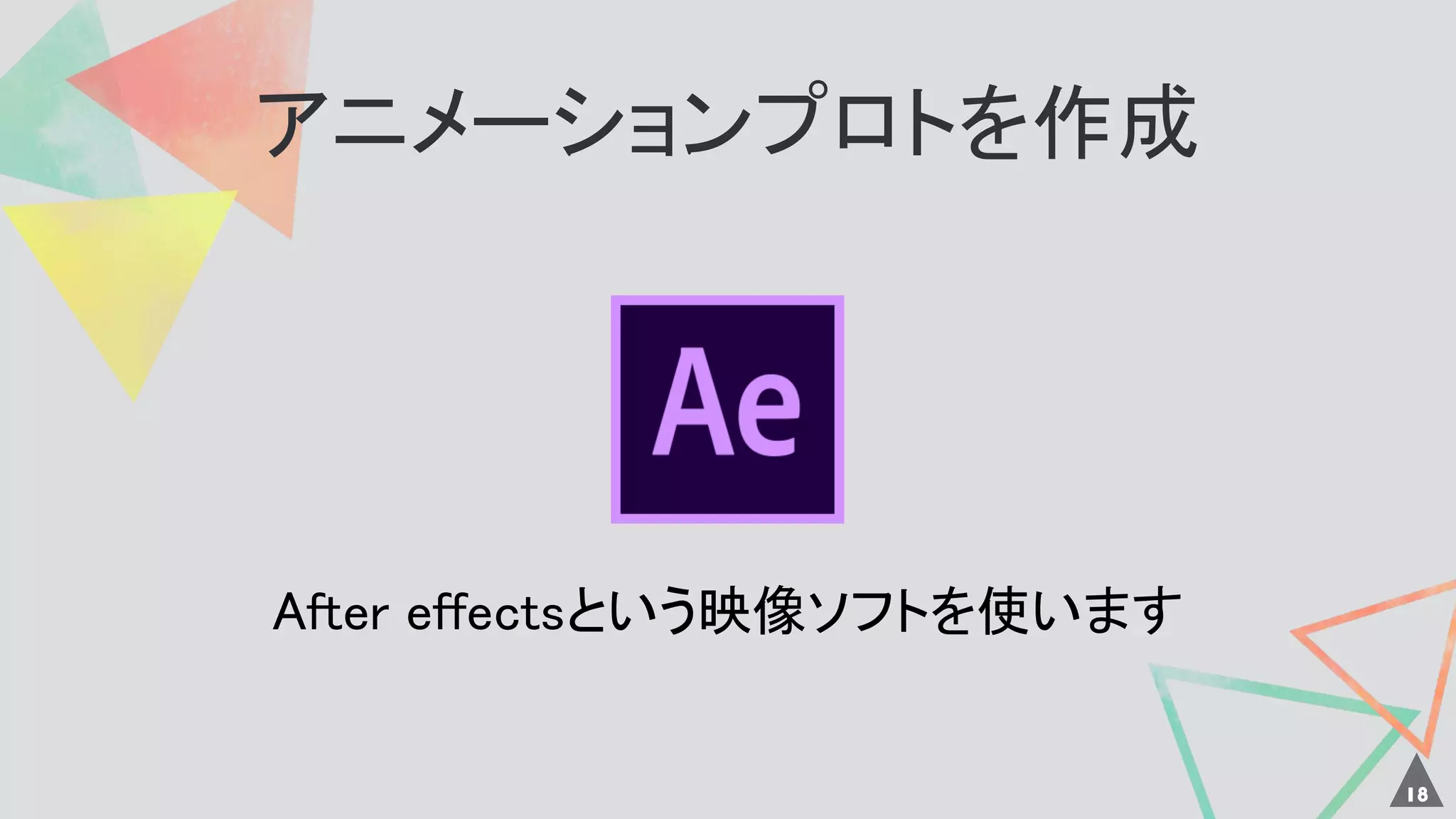 アニメーションプロトを作成
18
After effectsという映像ソフトを使います
 