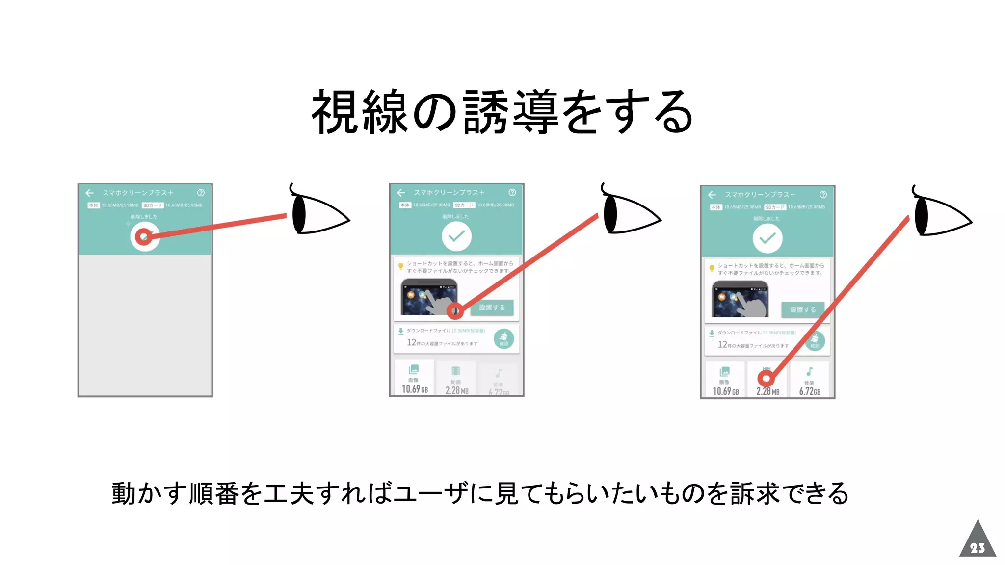 23
視線の誘導をする
動かす順番を工夫すればユーザに見てもらいたいものを訴求できる
 