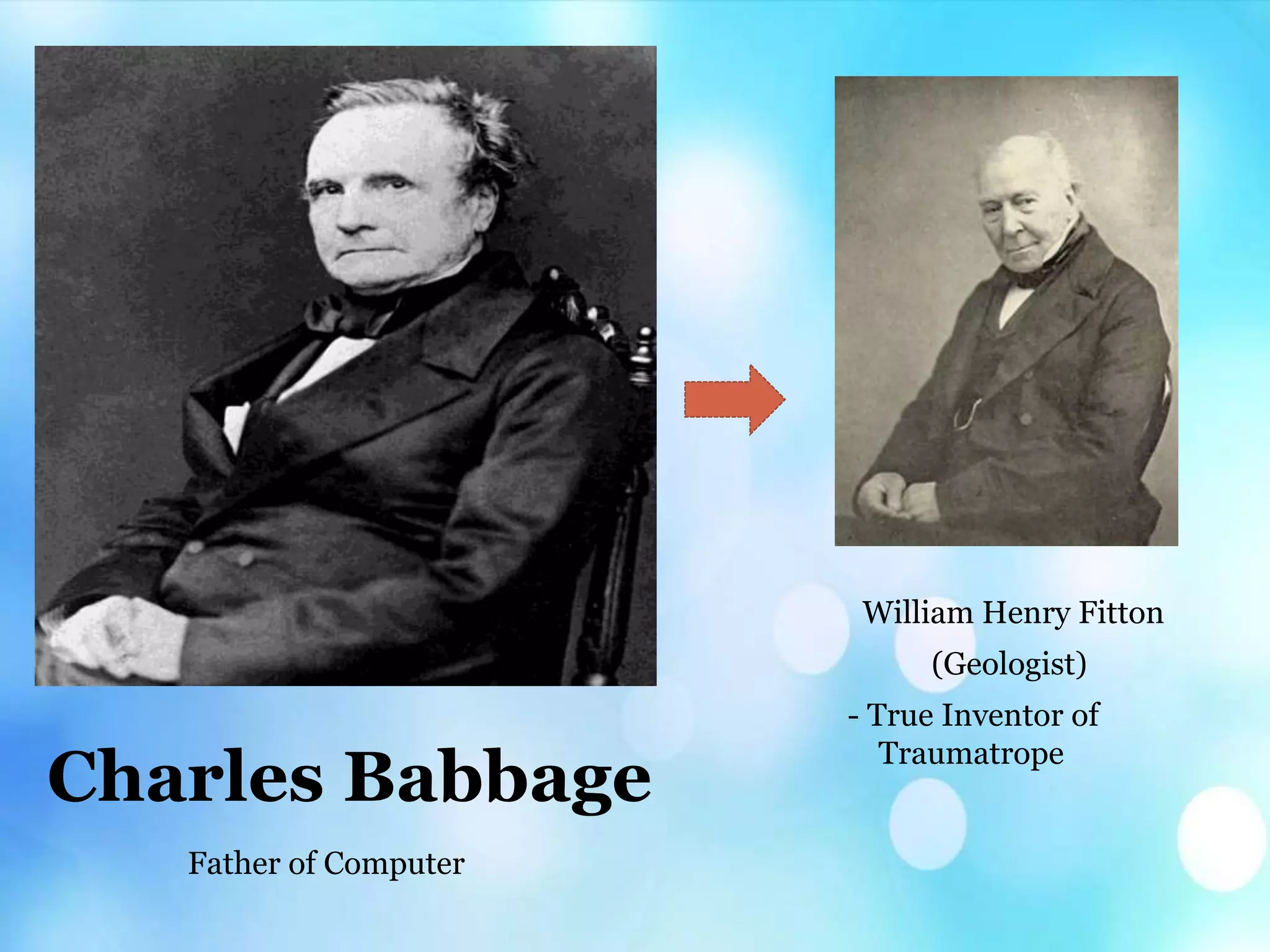 Charles Babbage
William Henry Fitton
(Geologist)
Father of Computer
- True Inventor of
Traumatrope
 