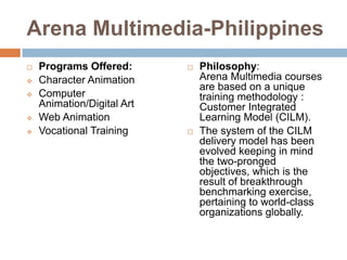 Arena Multimedia-Philippines







Programs Offered:
Character Animation
Computer
Animation/Digital Art
Web Animation
Vocational Training





Philosophy:
Arena Multimedia courses
are based on a unique
training methodology :
Customer Integrated
Learning Model (CILM).
The system of the CILM
delivery model has been
evolved keeping in mind
the two-pronged
objectives, which is the
result of breakthrough
benchmarking exercise,
pertaining to world-class
organizations globally.

 