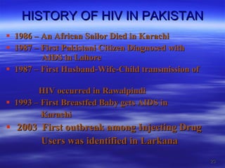HISTORY OF HIV IN PAKISTAN 1986 – An African Sailor Died in Karachi 1987 – First Pakistani Citizen Diagnosed with    AIDS in Lahore 1987 – First Husband-Wife-Child transmission of  HIV occurred in Rawalpindi 1993 – First Breastfed Baby gets AIDS in  Karachi 2003  First outbreak among Injecting Drug  Users was identified in Larkana 