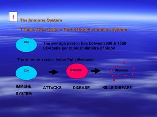 The Immune System T  Cells (CD4 Cells) = Part of body’s immune system   ! CD4 The average person has between 800 & 1500 CD4 cells per cubic millimetre of blood The immune system helps fight diseases Disease CD4 Disease KILLS DISEASE IMMUNE SYSTEM ATTACKS DISEASE 