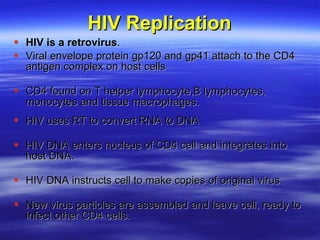HIV Replication HIV is a retrovirus .  Viral envelope protein gp120 and gp41 attach to the CD4 antigen complex on host cells CD4 found on T helper lymphocyte,B lymphocytes, monocytes and tissue macrophages. HIV uses RT to convert RNA to DNA HIV DNA enters nucleus of CD4 cell and integrates into host DNA.  HIV DNA instructs cell to make copies of original virus. New virus particles are assembled and leave cell, ready to infect other CD4 cells. 
