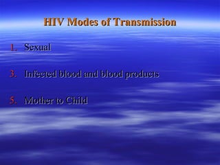 HIV Modes of Transmission Sexual  Infected blood and blood products  Mother to Child  