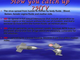 How you catch up HIV? The virus spread from human to human by body fluids : Blood, Semen, female vagina fluids and mother milk.  HIV  do spread in full sexual Intercourse that include penetration to female vagina or the rectum without the use of Condom, and that’s because its lives within the human fluids, as mention above. HIV  also do spread by using common needle, because AIDS lives in the blood, due to that fact, drugs addict are extremely vulnerable for HIV infection. HIV  is spreading by a breast feeding, because it can live within mother milks. 