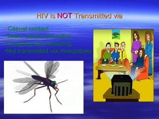 HIV is   NOT   Transmitted via Casual contact  Tears, sweat and saliva Coughing and sneezing Not transmitted via mosquitoes  