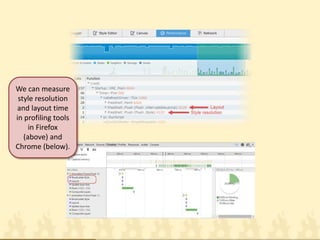 We can measure style resolution and layout time in profiling tools in Firefox (above) and Chrome (below).  