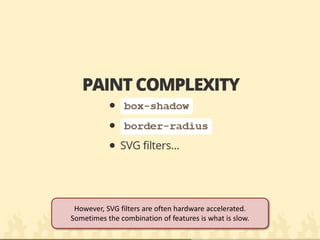However, SVG filters are often hardware accelerated. 
Sometimes the combination of features is what is slow.  