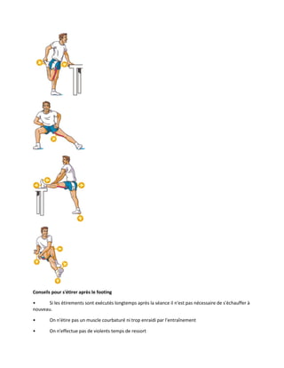 Conseils pour s'étirer après le footing
•
Si les étirements sont exécutés longtemps après la séance il n'est pas nécessaire de s'échauffer à
nouveau.
•

On n'étire pas un muscle courbaturé ni trop enraidi par l'entraînement

•

On n'effectue pas de violents temps de ressort

 