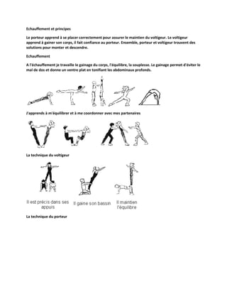 Echauffement et principes
Le porteur apprend à se placer correctement pour assurer le maintien du voltigeur. Le voltigeur
apprend à gainer son corps, il fait confiance au porteur. Ensemble, porteur et voltigeur trouvent des
solutions pour monter et descendre.
Echauffement
A l'échauffement je travaille le gainage du corps, l'équilibre, la souplesse. Le gainage permet d'éviter le
mal de dos et donne un ventre plat en tonifiant les abdominaux profonds.

J'apprends à m'équilibrer et à me coordonner avec mes partenaires

La technique du voltigeur

La technique du porteur

 