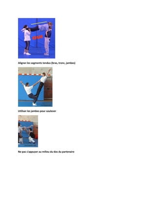 Aligner les segments tendus (bras, tronc, jambes)

Utiliser les jambes pour soulever

Ne pas s'appuyer au milieu du dos du partenaire

 