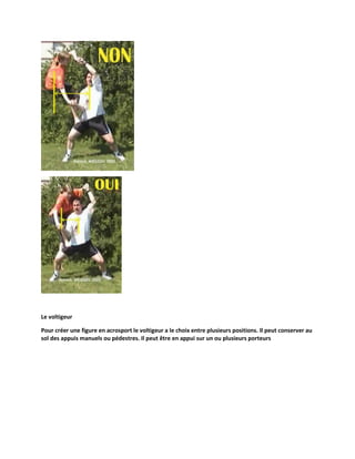 Le voltigeur
Pour créer une figure en acrosport le voltigeur a le choix entre plusieurs positions. Il peut conserver au
sol des appuis manuels ou pédestres. Il peut être en appui sur un ou plusieurs porteurs

 
