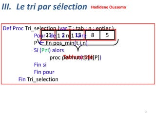 III. Le tri par sélection

Hadidene Oussema

Def Proc Tri_selection (var T : tab ; n : entier )
5
Pour 23 1 à n-1 13
i de 2
faire 8
P  Fn pos_min(t,i,n)
Si (P≠i) alors
Tableau trié
proc permut(t[i],t[P])
Fin si
Fin pour
Fin Tri_selection

2

 