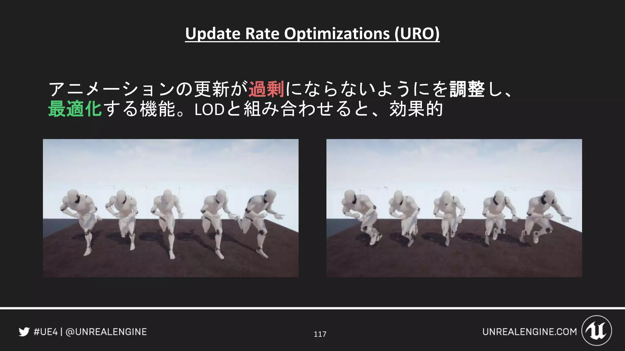 Update Rate Optimizations (URO)
アニメーションの更新が過剰にならないようにを調整し、
最適化する機能。LODと組み合わせると、効果的
117
 