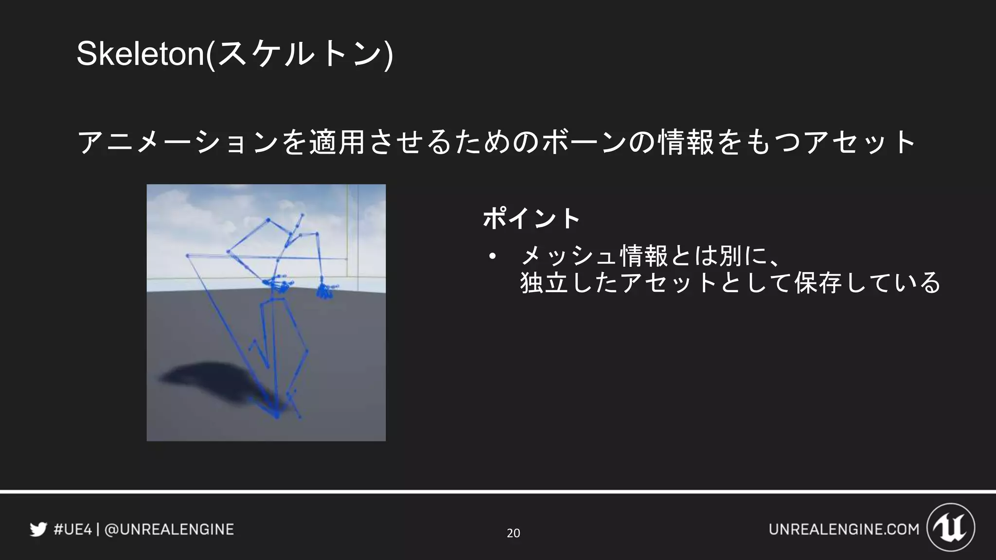 Skeleton(スケルトン)
アニメーションを適用させるためのボーンの情報をもつアセット
ポイント
• メッシュ情報とは別に、
独立したアセットとして保存している
20
 