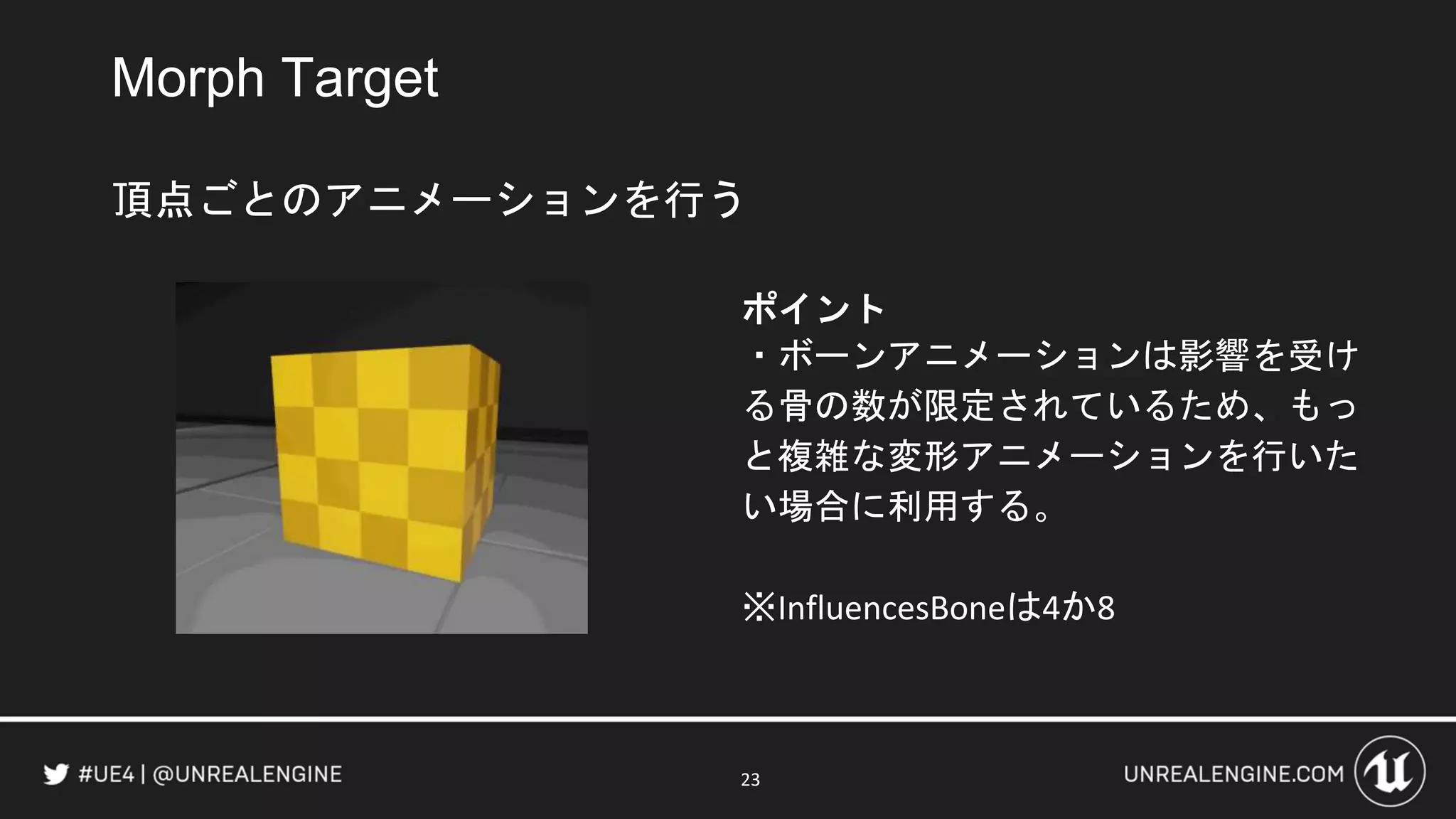 Morph Target
頂点ごとのアニメーションを行う
23
ポイント
・ボーンアニメーションは影響を受け
る骨の数が限定されているため、もっ
と複雑な変形アニメーションを行いた
い場合に利用する。
※InfluencesBoneは4か8
 