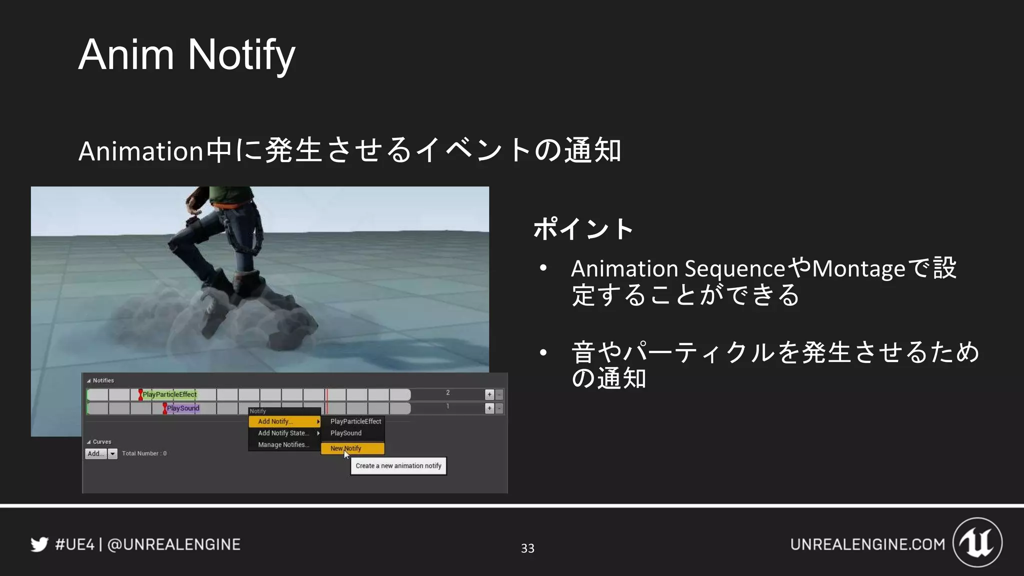 Anim Notify
Animation中に発生させるイベントの通知
33
ポイント
• Animation SequenceやMontageで設
定することができる
• 音やパーティクルを発生させるため
の通知
 
