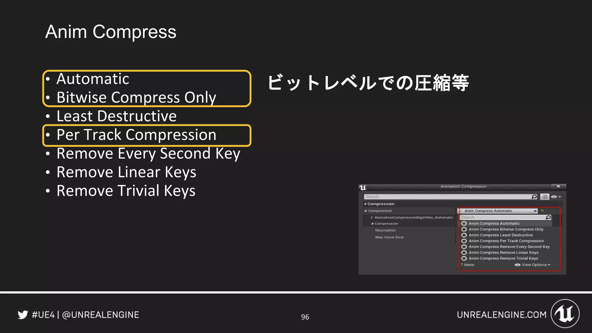 Anim Compress
• Automatic
• Bitwise Compress Only
• Least Destructive
• Per Track Compression
• Remove Every Second Key
• Remove Linear Keys
• Remove Trivial Keys
96
ビットレベルでの圧縮等
 