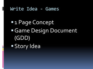 Write Idea - Games
1 Page Concept
Game Design Document
(GDD)
Story Idea
 