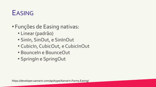 EASING
• Funções de Easing nativas:
• Linear (padrão)
• SinIn, SinOut, e SinInOut
• CubicIn, CubicOut, e CubicInOut
• BounceIn e BounceOut
• SpringIn e SpringOut
https://developer.xamarin.com/api/type/Xamarin.Forms.Easing/
 