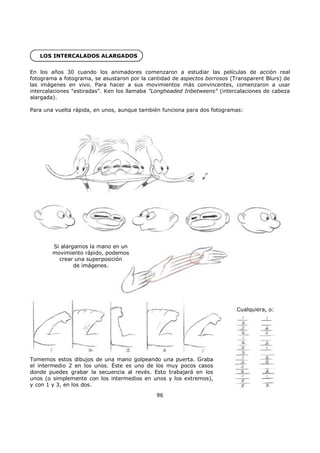 LOS INTERCALADOS ALARGADOS
En los años 30 cuando los animadores comenzaron a estudiar las películas de acción real
fotograma a fotograma, se asustaron por la cantidad de aspectos borrosos (Transparent Blurs) de
las imágenes en vivo. Para hacer a sus movimientos más convincentes, comenzaron a usar
intercalaciones "estiradas". Ken los llamaba "Longheaded Inbetweens" (intercalaciones de cabeza
alargada).
Para una vuelta rápida, en unos, aunque también funciona para dos fotogramas:
Si alargamos la mano en un
movimiento rápido, podemos
crear una superposición
de imágenes.
Tomemos estos dibujos de una mano golpeando una puerta. Graba
el intermedio 2 en los unos. Éste es uno de los muy pocos casos
donde puedes grabar la secuencia al revés. Esto trabajará en los
unos (o simplemente con los intermedios en unos y los extremos),
y con 1 y 3, en los dos.
Cualquiera, o:
96
 