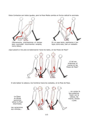 Estos Contactos son todos iguales, pero la Pose Media cambia en forma radical la caminata.
(Obviamente, precisaremos el tiempo
para acomodar movimientos amplios,
como éstos).
Demorar
el pie?
En un paso lento, podríamos ir tan
lejos como esto, casi un resbalón.
¿Qué pasaría si los pies se balancearan hacia los lados, en las Poses de Pase?
¿Y tal vez
enderezar el
cuerpo en las
Poses de Pase?
La Clave
es dónde
queremos
ubicar la Pose
Intermedia.
Las variaciones
son infinitas...
O solo ladear la cabeza y los hombros hacia los costados, en la Pose de Pase.
... sin contar lo
que podemos
hacer con la
cabeza, las
manos, brazos
y pies.
113
 