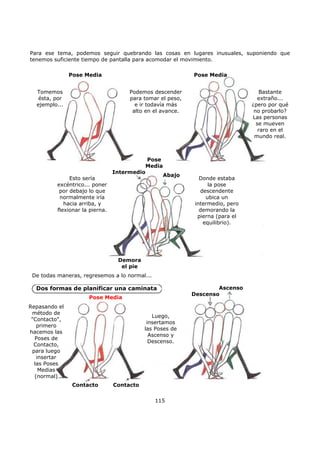 Para ese tema, podemos seguir quebrando las cosas en lugares inusuales, suponiendo que
tenemos suficiente tiempo de pantalla para acomodar el movimiento.
115
Tomemos
ésta, por
ejemplo...
Podemos descender
para tomar el peso,
e ir todavía más
alto en el avance.
Bastante
extraño...
¿pero por qué
no probarlo?
Las personas
se mueven
raro en el
mundo real.
Esto sería
excéntrico... poner
por debajo lo que
normalmente iría
hacia arriba, y
flexionar la pierna.
Donde estaba
la pose
descendente
ubica un
intermedio, pero
demorando la
pierna (para el
equilibrio).
Pose Media Pose Media
Pose
Media
Pose Media
Intermedio
Abajo
Demora
el pie
De todas maneras, regresemos a lo normal...
Dos formas de planificar una caminata
Contacto
Repasando el
método de
"Contacto",
primero
hacemos las
Poses de
Contacto,
para luego
insertar
las Poses
Medias
(normal)
Ascenso
Descenso
Luego,
insertamos
las Poses de
Ascenso y
Descenso.
Contacto
 