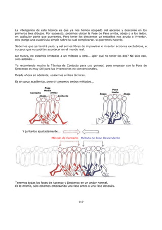 La inteligencia de esta técnica es que ya nos hemos ocupado del ascenso y descenso en los
primeros tres dibujos. Por supuesto, podemos ubicar la Pose de Pase arriba, abajo o a los lados,
en cualquier parte que queramos. Pero tener los descensos ya resueltos nos ayuda a inventar,
nos otorga una cuadrícula simple sobre la cual complicarse, si queremos hacerlo.
Sabemos que ya tendrá peso, y así somos libres de improvisar e inventar acciones excéntricas, o
sucesos que no podrían acontecer en el mundo real.
De nuevo, no estamos limitados a un método u otro... ¿por qué no tener los dos? No sólo eso,
sino además...
Yo recomiendo mucho la Técnica de Contacto para uso general, pero empezar con la Pose de
Descenso es muy útil para las invenciones no convencionales.
Desde ahora en adelante, usaremos ambas técnicas.
Es un poco académico, pero si tomamos ambos métodos...
Tenemos todas las fases de Ascenso y Descenso en un andar normal.
Es lo mismo, sólo estamos empezando una fase antes o una fase después.
117
Contacto
Contacto
Arriba
Abajo
Pose
Media
Abajo Abajo
Pose
Media
Y juntarlos ajustadamente...
Método de Contacto Método de Pose Descendente
 
