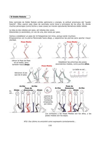 El Doble Rebote
Esta caminata de Doble Rebote exhibe optimismo y energía, la actitud americana del "puedo
hacerlo". Ellos usaron esta clase de caminata como locos a principios de los años 30, donde
muchos personajes (como bichos y esas cosas) se movían ejecutando llamativos doble rebote.
La idea es dos rebotes por paso, así rebotas dos veces.
Desciendes (o asciendes), en vez de una, dos veces por paso.
Vamos a establecer un paso de 16 fotogramas (en Unos, porque serán muchos).
Empezaremos con la pierna flexionada hacia abajo, y separemos las piernas para aportar mayor
claridad.
NTd: Eso último no encontré como expresarlo correctamente...
118
Pose Media Pose Media
Pose Media
Ubicar la Pose de Pase
en el medio, pero
también hacia abajo.
Establecer las próximas dos poses
ascendentes medias, como puntos altos.
Adicionar el pie
que da el paso.
La tabla es así...
Es
así...
Abajo O..
usemos la
Técnica de
Contacto,
empezando
por éstos.
Los contactos y las Poses Medias son los altos, y las
poses medias son los bajos.
Arriba
Pose de
Descenso
Arriba
Abajo Abajo Abajo
Arriba Arriba
Pose de
Descenso
 