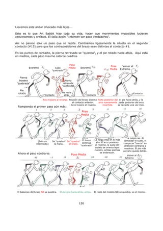 Llevemos este andar ofuscado más lejos...
Esto es lo que Art Babbit hizo toda su vida, hacer que movimientos imposibles lucieran
convincentes y creíbles. Él solía decir: "Intenten ser poco verdaderos".
Así no parece sólo un paso que se repite. Cambiamos ligeramente la silueta en el segundo
contacto (#15) para que las contraposiciones del brazo sean distintas al contacto #1.
En los puntos de contacto, la pierna retrasada se "quiebra", y el pie rotado hacia atrás. Aquí está
en medios, cada paso insume catorce cuadros.
El balanceo del brazo NO se quiebra. El pie gira hacia atrás, antes. El resto del modelo NO se quiebra, es el mismo.
126
Extremo
Pierna
trasera
"quebrada"
Contacto Contacto
Contacto
Pie
rotado
Codo
"quebrado"
Pose
Media
Pose
Media
Extremo
Volver al
Extremo
Arco trasero al reverso.
Rompiendo el primer paso aún más:
Pose
Media
Pierna
retrasada
"quebrada"
Pie hacia
atrás
Posición del brazo distinta
al contacto anterior.
- Arco trasero el reverso.
Parte posterior del
arco nuevamente
revertida.
El pie hacia atrás, y la
parte posterior del arco
se revierte una vez más.
(Sólo un
intermedio)
Se "quiebra"
la mano.
Se "quiebra"
el brazo.
El brazo
continúa
"quebrado"
La nalga está en lo más
alto. El arco posterior
al reverso, la suela del
zapato se orienta lejos
nuestro, ambas piernas
se enderezan.
La nalga cae. Al
contactar el suelo, el
cuerpo se "tuerce" en
dirección contraria a
nosotros. El pie más
cercano queda detrás.
Ahora el paso contrario: Pose Media Volver al
Extremo
 