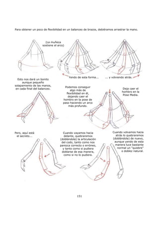 Para obtener un poco de flexibilidad en un balanceo de brazos, debiéramos arrastrar la mano.
151
(La muñeca
sostiene el arco)
Yendo de esta forma... ... y volviendo atrás.
Esto nos dará un bonito
aunque pequeño
solapamiento de las manos,
en cada final del balanceo.
Podemos conseguir
algo más de
flexibilidad en él,
dejando caer el
hombro en la pose de
paso haciendo un arco
más profundo.
Deja caer el
hombro en la
Pose Media.
Pero, aquí está
el secreto...
Cuando vayamos hacia
delante, quebraremos
(doblándola) la articulación
del codo, tanto como nos
parezca correcto o erróneo,
y tanto como si pudiera
doblarse de esa manera,
como si no lo pudiera.
Cuando volvamos hacia
atrás lo quebraremos
(doblándola) de nuevo,
aunque yendo de esta
manera luce bastante
normal un "quiebre"
o doblez natural.
 