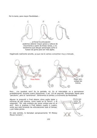 Por lo tanto, para mayor flexibilidad...
152
... al forzar la articulación
podemos obtener mayor gracia y soltura de
movimiento a partir de líneas rectas, y no
tendremos que dibujar personajes como si
fuesen de goma para ser más ágiles.
Hagámoslo realmente sencillo, ya que nos lo vamos a encontrar muy a menudo.
Pose Media Mejor aún,
solapa las
manos.
Pero... ¿no quedará raro? En la pantalla, no. En el intercalado va a permanecer
probablemente, durante cuatro fotogramas, o así, 1/6 de segundo. Demasiado rápido para
"percibirlo", pero lo "sentiremos". Sentiremos el cambio y el aumento de flexibilidad.
(Yo lo veo
como "la
doble X")
Alguien le preguntó a Fred Astaire cómo podía bailar y
moverse de esa manera, como nadie en la Tierra*, y él
respondió: "Oh, sólo empiezo por poner ambos pies en el
aire". Pero si analizas a Fred Astaire cuadro a cuadro,
verás que está forzando las articulaciones todo el tiempo,
y por todas partes.
En este sentido, lo llamaban perspicazmente "El Mickey
Mouse humano".
 