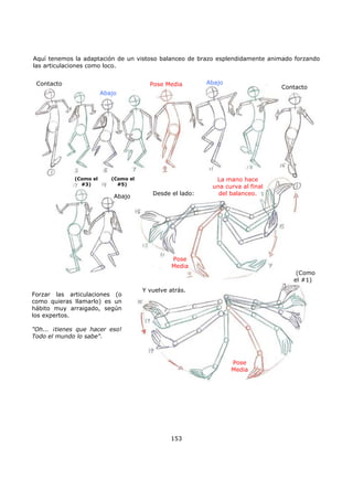 Aquí tenemos la adaptación de un vistoso balanceo de brazo esplendidamente animado forzando
las articulaciones como loco.
153
Contacto
Contacto
Abajo
AbajoPose Media
(Como el
#3)
(Como el
#5)
Abajo
Pose
Media
Desde el lado:
La mano hace
una curva al final
del balanceo.
Forzar las articulaciones (o
como quieras llamarlo) es un
hábito muy arraigado, según
los expertos.
"Oh... ¡tienes que hacer eso!
Todo el mundo lo sabe".
Y vuelve atrás.
(Como
el #1)
Pose
Media
 
