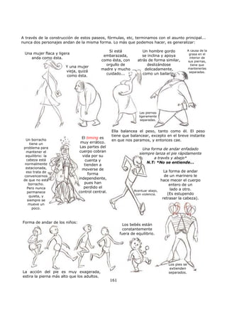 A través de la construcción de estos paseos, fórmulas, etc, terminamos con el asunto principal...
nunca dos personajes andan de la misma forma. Lo más que podemos hacer, es generalizar:
161
Una mujer flaca y ligera
anda como ésta.
Un borracho
tiene un
problema para
mantener el
equilibrio: la
cabeza está
normalmente
estacionada,
eso trata de
convencernos
de que no está
borracho.
Pero nunca
permanece
quieta, y
siempre se
mueve un
poco.
Y una mujer
vieja, quizá
como ésta.
Un hombre gordo
se inclina y apoya
atrás de forma similar,
deslizándose
delicadamente,
como un bailarín.
Si está
embarazada,
como ésta, con
orgullo de
madre y mucho
cuidado...
Las piernas
ligeramente
separadas.
A causa de la
grasa en el
interior de
sus piernas,
tiene que
mantenerlas
separadas.
Ella balancea el peso, tanto como él. El peso
tiene que balancear, excepto en el breve instante
en que nos paramos, y entonces cae.
Forma de andar de los niños:
La acción del pie es muy exagerada,
estira la pierna más alto que los adultos.
El timing es
muy errático.
Las partes del
cuerpo cobran
vida por su
cuenta y
tienden a
moverse de
forma
independiente,
pues han
perdido el
control central.
Una forma de andar enfadado
siempre lanza el pie rápidamente
a través y abajo*
N.T: *No se entiende...
Acentuar abajo,
con violencia.
La forma de andar
de un marinero le
hace mecer el cuerpo
entero de un
lado a otro.
(Es estupendo
retrasar la cabeza).
Los bebés están
constantemente
fuera de equilibrio.
Los pies se
extienden
separados.
 