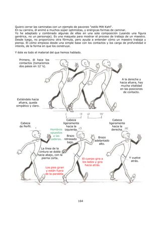 Quiero cerrar las caminatas con un ejemplo de pavoneo "estilo Milt Kahl".
En su carrera, él animó a muchos súper optimistas, y enérgicas formas de caminar.
Yo he adaptado y combinado algunas de ellas en una sola composición (usando una figura
genérica, no un personaje). Es una maqueta para mostrar el proceso de trabajo de un maestro.
Desde luego, no proporciono otra fórmula, pero ayuda a entender cómo un maestro trabaja y
piensa. El cómo empieza desde una simple base con los contactos y los carga de profundidad e
interés, de la forma en que los construye.
Y éste es todo el material del que hemos hablado.
164
Primero, él hace los
contactos (tomaremos
dos pasos en 12 ‘s).
Extiéndelo hacia
afuera, queda
simpático y claro.
A la derecha y
hacia afuera, hay
mucha vitalidad
en las posiciones
de contacto.
Cabeza
de Perfil.
Cabeza
ligeramente
hacia la
derecha.
Cabeza
ligeramente
hacia la
izquierda.
Brazo
retrasado
bajo.
Hombros
opuestos
a las
caderas.
Los pies giran
y están fuera
de la paralela.
La línea de la
cintura se dobla
hacia abajo, con la
pierna corta. El cuerpo gira a
los lados y gira
hacia atrás.
Brazo
adelantado
alto.
Y vuelve
atrás.
 
