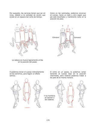 179
Por supuesto, las carreras tienen que ser en
Unos, debido a la cantidad de acción que
existe en un espacio tan corto de tiempo.
Como en las caminatas, podemos encorvar
el cuerpo, hacia un lado u otro según que
pie este levantado y mantenerlo recto en la
posición de paso.
La cabeza se mueve ligeramente arriba
en la posición del paseo
Cóncavo Convexo
O podemos torcer el cuerpo indirectamente
en los extremos, para lograr un efecto
cómico.
O como en un paseo, lo podemos variar
teniendo el cuerpo bajo en la posición
intermedia, pero todavía podemos tratar a
los pies de la misma manera.
Y los hombros
se oponen a
las caderas.
 