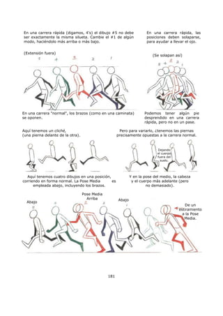 181
En una carrera rápida (digamos, 4's) el dibujo #5 no debe
ser exactamente la misma silueta. Cambie el #1 de algún
modo, haciéndolo más arriba o más bajo.
En una carrera rápida, las
posiciones deben solaparse,
para ayudar a llevar el ojo.
(Extensión fuera)
(Se solapan así)
En una carrera "normal", los brazos (como en una caminata)
se oponen.
Podemos tener algún pie
desprendido en una carrera
rápida, pero no en un pase.
Aquí tenemos un cliché,
(una pierna delante de la otra).
Pero para variarlo, ¿tenemos las piernas
precisamente opuestas a la carrera normal.
Dejando
el cuerpo
fuera del
suelo.
Aquí tenemos cuatro dibujos en una posición,
corriendo en forma normal. La Pose Media es
empleada abajo, incluyendo los brazos.
Y en la pose del medio, la cabeza
y el cuerpo más adelante (pero
no demasiado).
Abajo
Pose Media
Arriba Abajo
De un
estiramiento
a la Pose
Media.
 