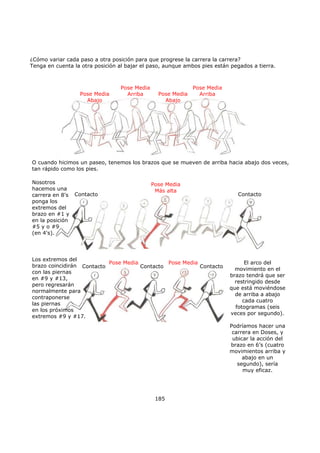 ¿Cómo variar cada paso a otra posición para que progrese la carrera la carrera?
Tenga en cuenta la otra posición al bajar el paso, aunque ambos pies están pegados a tierra.
185
Pose Media
Abajo
Pose Media
Arriba Pose Media
Abajo
Pose Media
Arriba
O cuando hicimos un paseo, tenemos los brazos que se mueven de arriba hacia abajo dos veces,
tan rápido como los pies.
Nosotros
hacemos una
carrera en 8's
ponga los
extremos del
brazo en #1 y
en la posición
#5 y o #9
(en 4's).
Contacto Contacto
Pose Media
Más alta
Los extremos del
brazo coincidirán
con las piernas
en #9 y #13,
pero regresarán
normalmente para
contraponerse
las piernas
en los próximos
extremos #9 y #17.
El arco del
movimiento en el
brazo tendrá que ser
restringido desde
que está moviéndose
de arriba a abajo
cada cuatro
fotogramas (seis
veces por segundo).
Podríamos hacer una
carrera en Doses, y
ubicar la acción del
brazo en 6’s (cuatro
movimientos arriba y
abajo en un
segundo), sería
muy eficaz.
Contacto
Pose Media
Contacto
Pose Media
Contacto
 